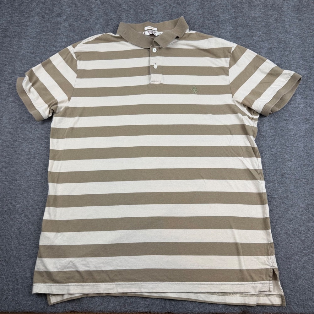 Original Penguin Polo Shirt Mens XL Tan White Striped Classic Fit Logo Short